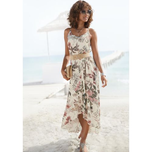 Maxikleid LASCANA, Damen, Gr. 44, N-Gr, beige (sand bedruckt), Web, Obermaterial: 100% Viskose, bedruckt, modisch, figurumspielend lang, Rundhals, ohne Ärmel, Kleider, mit Blumenprint, leichtes Sommerkleid im Vokuhila-Stil, Strandkleid