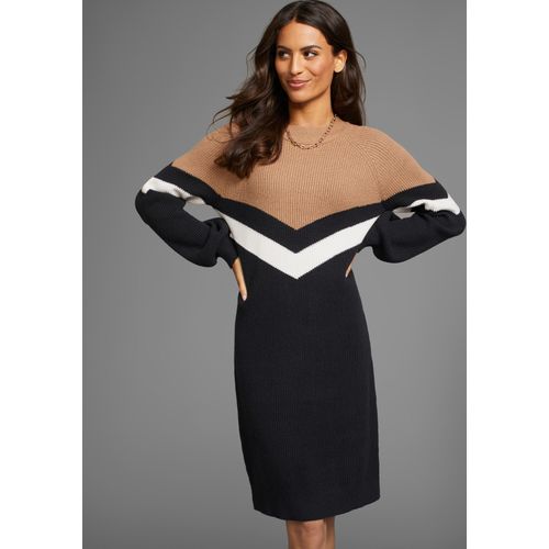 Strickkleid LAURA SCOTT, Damen, Gr. 42, N-Gr, schwarz (schwarz, beige), Strick, Obermaterial: 50% Viskose, 28% Polyester, 22% Polyamid, feminin, figurbetont mini, Rundhals, Langarm Raglanärmel Bündchen, Kleider, figurbetonter Schnitt, aus elastischem Strickstoff, Langarm
