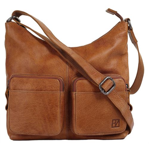 Umhängetasche BODENSCHATZ, Damen, Gr. B/H/T: 27cm x 24cm x 6cm onesize, braun (cognac), Leder, unifarben, leicht glänzend, Taschen, echt Leder