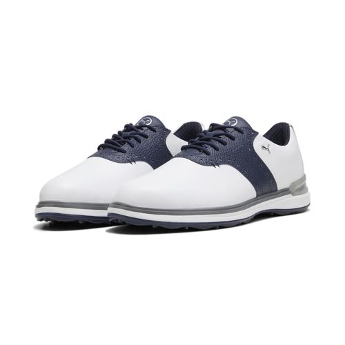 Golfschuh PUMA "PUMA Avant Golfschuhe Herren", Gr. 46, weiß (weiß deep navy speed blau), Obermaterial: Kuhleder; Futter: Textil, Synthetik; Innensohle: Textil; Laufsohle: Gummi, Schuhe