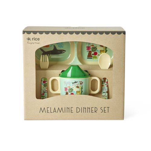 RICE Baby Geschirrset Wildlife Print aus Melamin, mint