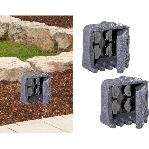 Außensteckdosen Steinoptik 4 fach - 2er Set Gartensteckdosen Terrassensteckdosen