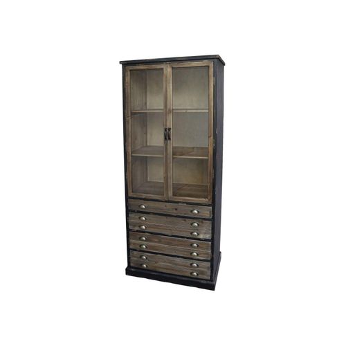 Chic Antique Vitrinenschrank mit Glastüren und 4 länglichen Schubladen, 80 x 48 x 191 cm, antique schwarz