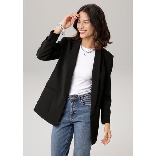 Longblazer LAURA SCOTT, Damen, Gr. 40, schwarz (schwarz (aus nachhaltigem material)), Web, Obermaterial: 90% Polyester, 10% Elasthan. Futter: 100% Polyester, feminin, figurbetont hüftbedeckend, 3/4-Ärmel, Blazer, mit gerafften Ärmeln