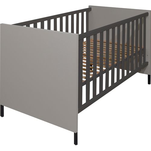 Babybett MÄUSBACHER, grau (kreidegrau, anthrazit), B:76cm H:93cm T:144cm, Holzwerkstoff, Babybetten, Metallfüße, Metallgriffe