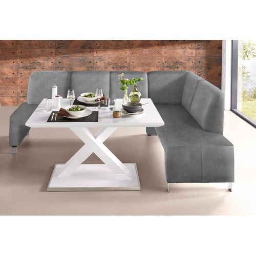 Eckbank EXXPO - SOFA FASHION "Intenso, viele Bezugsstoffe Cord, Leder, Struktur 244/157 cm (B/T)", grau (hellgrau), B:244cm H:91cm T:157cm, NaturLeder;Strukturstoff (Zusammensetzung: Polyester 100%);Luxus-Microfaser (Zusammensetzung: Aufgeflockte 100% Polyester Schicht mit Prägung);Cord (Zusammensetzung: Polyester 100%), Sitzbänke, Eckbank, hohe Bodenfreiheit, frei im Raum stellbar, hoher Sitzkomf