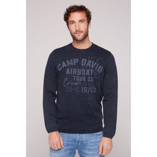 Rundhalspullover CAMP DAVID, Herren, Gr. L, blau, Material: 100% Baumwolle, bedruckt, bestickt, casual, lässig geschnitten normal, Rundhals, Langarm eingesetzt Rippbündchen, Pullover, aus Baumwolle