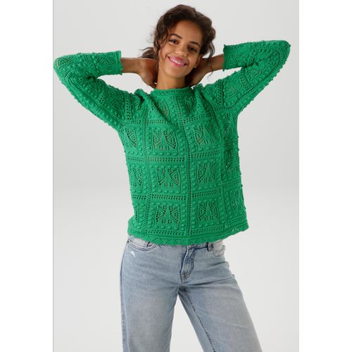 Strickpullover ANISTON CASUAL, Damen, Gr. 36, grün (smaragdgrün), Strick, Obermaterial: 50% Baumwolle, 50% Polyacryl, Ajourstrickmuster, unifarben, modisch, figurumspielend hüftlang, Rundhals, Langarm gewellter Abschluss, Pullover, im attraktiven Ajour-Muster-Mix - NEUE KOLLEKTION