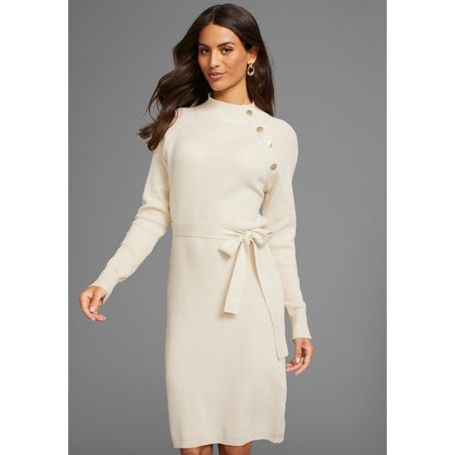Strickkleid LAURA SCOTT, Damen, Gr. 46, N-Gr, beige (sand, melange), Strick, Obermaterial: 50% Viskose, 26% Polyamid, 24% Polyester, feminin, figurbetont mini, hoch geschlossener Ausschnitt, Langarm Raglanärmel mit Schlitz, Kleider, mit Knopfdetail