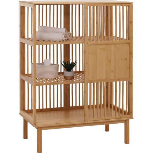 Bambus Standregal MCW-N81, Badezimmerschrank Badschrank Badregal Kommode, 3 Regalböden Schiebetür MVG 115x80x45cm