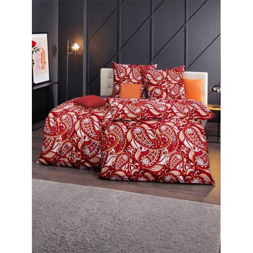 Bettwäsche WÄSCHEPUR Gr. 1, rot (rot, ecru, bedruckt), B/L: 135cm x 200cm, 2-teilige Garnitur St., 2-teilige Garnitur St., Mako-Satin, B/L: 80cm x 80cm, Mako-Satin, 100% Baumwolle, Bettwäsche