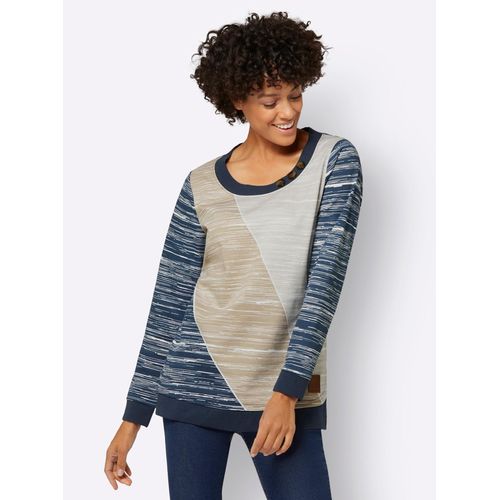 Sweatshirt CASUAL LOOKS, Damen, Gr. 48, blau (dunkelblau, ecru, bedruckt), 100% Baumwolle, gemustert, mehrfarbig, Rundhals, Langarm, Sweatshirts