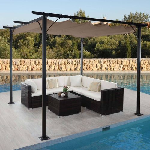 Pergola HWC-C42, Garten Pavillon, stabiles 6cm-Gestell + Schiebedach 3,5x3,5m taupe-braun