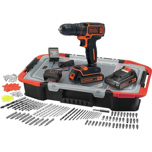 BLACK & DECKER 18V Lithium-Akku-Bohrmaschine - 2 x 1,5 Ah Akkus - Box mit 160 Zubehör -BDCDC18BAST