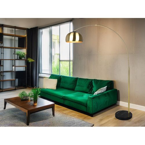 LED Bogenlampe Messing matt Marmorfuß Schwarz große Ausladung, Höhe 200cm