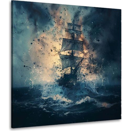 Segelschiff im Sturm Meer Landschaft Leinwandbild Wandbild Kunstdruck Wanddeko: 60x60x2cm
