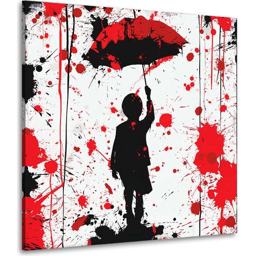 Abstrakt Kind mit rotem Regenschirm Leinwandbild Wandbild Kunstdruck Wanddeko: 100x100x2cm