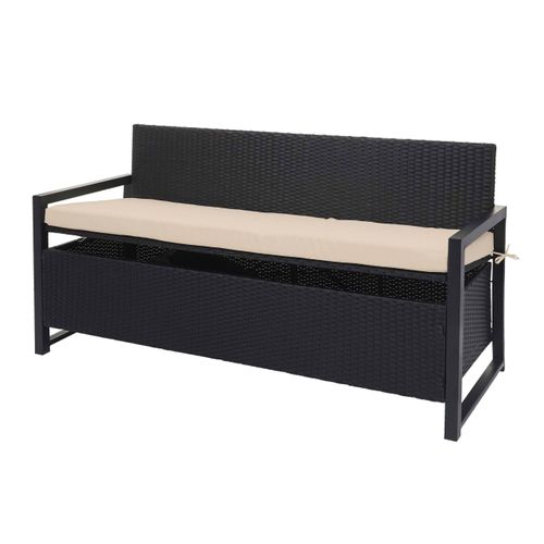 Poly-Rattan 3er Sitzbank HWC-F39, Gartenbank Truhenbank, Staufach Aufbewahrung Sitzkissen anthrazit, Kissen beige