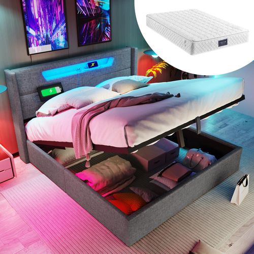 Doppelbett 140x200cm Polsterbett (Mit Matratze) Grau Leinenmaterial Stauraumbett Jugendbett Mit USB Typ C Ladefunktion und LED-Beleuchtung