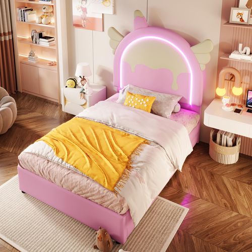 okwish Kinder-Polsterbett mit Matratze 90×200cm Prinzessinnenbett mit Einhornkopfteil LED-Leiste&2 Schubladen,Rosa
