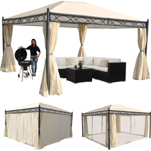 Pergola Calpe, Garten Pavillon, stabiles 7cm-Gestell mit Seitenwand + Moskitonetz creme 4x3m