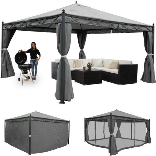 Pergola Calpe, Garten Pavillon, stabiles 7cm-Gestell mit Seitenwand + Moskitonetz grau 4x4m