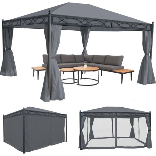 Pergola Cadiz, Garten Pavillon, stabiles 7cm-Gestell mit Seitenwand + Moskitonetz grau 4x3m