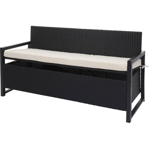 Poly-Rattan 3er Sitzbank HWC-F39, Gartenbank Truhenbank, Staufach Aufbewahrung Sitzkissen anthrazit, Kissen creme