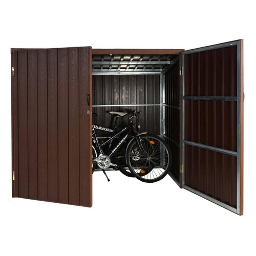 WPC-Fahrradgarage MCW-J29, Geräteschuppen Fahrradbox, Metall Holzoptik abschließbar 2 Räder 172x213x112cm braun