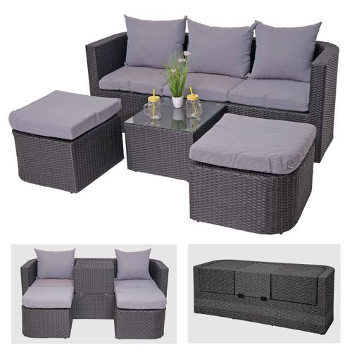 3in1-Garnitur HWC-J37, Garten-/Lounge-Set Sonneninsel, Spun Poly Poly-Rattan MVG anthrazit, Kissen hellgrau