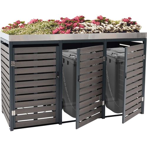 3er Mülltonnenverkleidung MCW-K14, Mülltonnenbox mit Pflanzkasten, 124x200x84cm WPC Edelstahl 107kg anthrazit