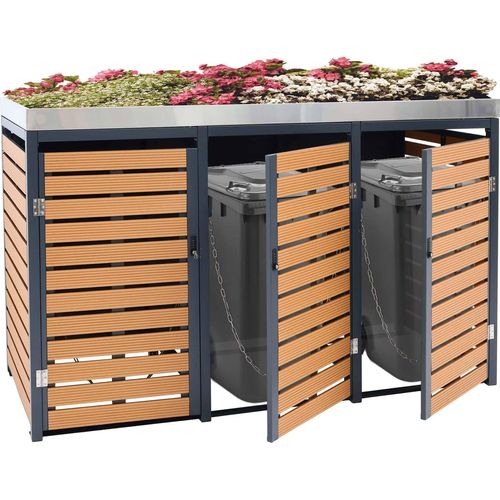 3er Mülltonnenverkleidung MCW-K14, Mülltonnenbox mit Pflanzkasten, 124x200x84cm WPC Edelstahl 107kg Teak-Optik