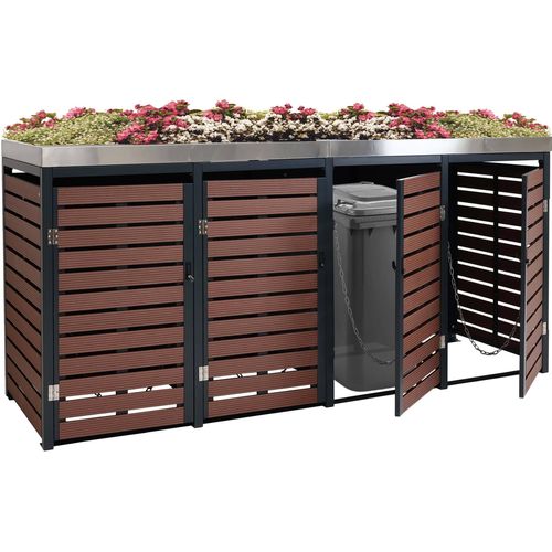 4er Mülltonnenverkleidung MCW-K14, Mülltonnenbox mit Pflanzkasten, 124x265x84cm WPC Edelstahl 132kg Walnuss-Holzoptik