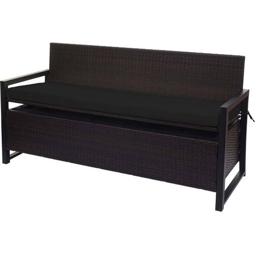 Poly-Rattan 3er Sitzbank HWC-F39, Gartenbank Truhenbank, Staufach Aufbewahrung Sitzkissen braun, Kissen schwarz