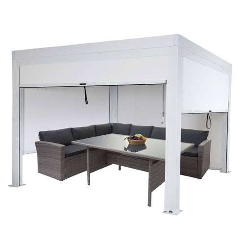 Pergola MCW-L46 mit Seitenwand, Gartenpavillon Lamellen-Pavillon Rollo, 11cm-Alu-Gestell, sturmfest 3x3m weiß