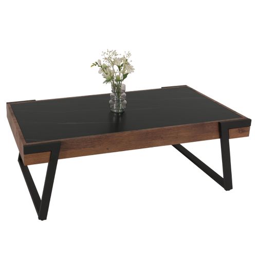 Couchtisch MCW-L89, Sofatisch Wohnzimmertisch, Eisen 43x120x64cm Sinterstein Marmor-Optik schwarz Holz dunkelbraun