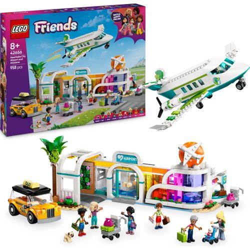 LEGO Friends Heartlake City Flughafen mit Flugzeug, Bauset mit Spielzeug Flieger, Taxi und Gepäckwagen, 7 Minifiguren der Caraktere, Baby und Hund, Geschenk für Mädchen ab 8 Jahren 42656