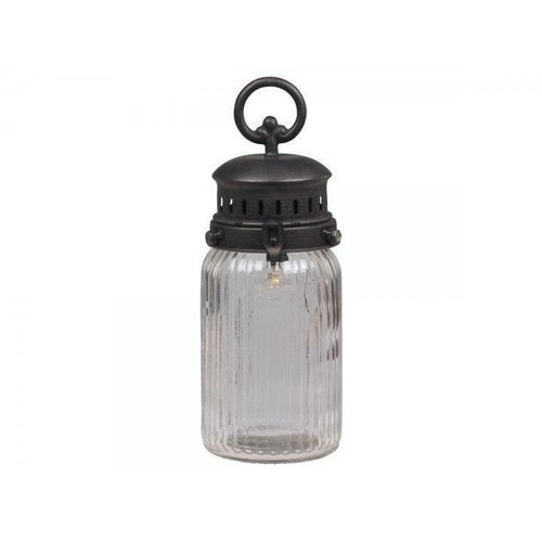 Chic Antique Französische Stalllaterne inkl. Glühbirne und Timer mit gerilltem Glas, H30 cm, antik kohle