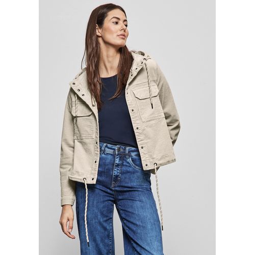 Cordjacke STREET ONE, Damen, Gr. 44, beige (stone beige), Web, 99% Baumwolle, 1% Elasthan, unifarben, casual, gerade normal, ohne Ausschnitt, Langarm Bündchen, Jacken, mit Kapuze