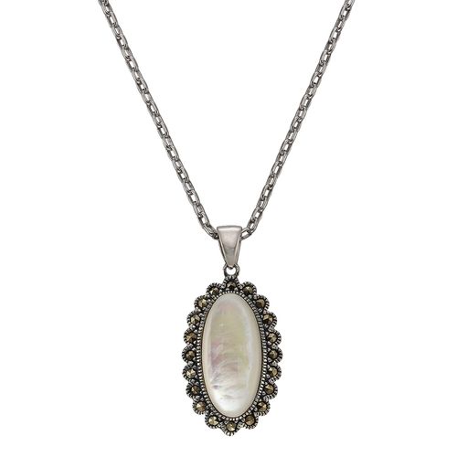 Zeeme Gemstones Halskette Silber 925 oxydiert 45cm lang mit weißem Perlmutt und Markasit-Steinen