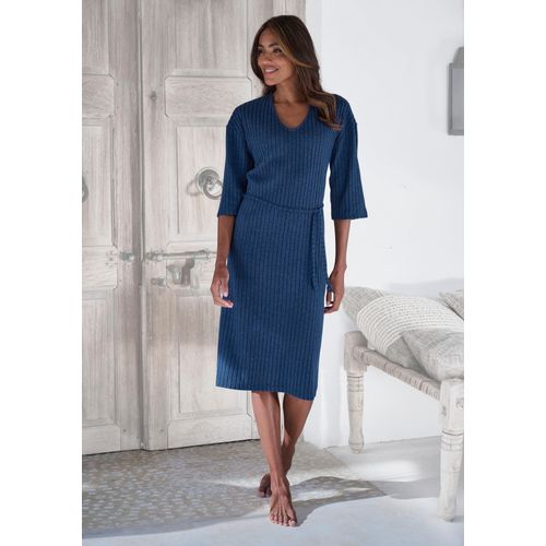 Strickkleid LASCANA, Damen, Gr. 40/42, N-Gr, blau (blau, melange), Rippware, Obermaterial: 56% Polyester, 41% Viskose, 3% Elasthan, unifarben, meliert, modisch, figurumspielend kniebedeckend, V-Ausschnitt, Halbarm, Kleider, Lounge-/ Rippkleid mit weiten Ärmeln und Taillenband, Loungewear