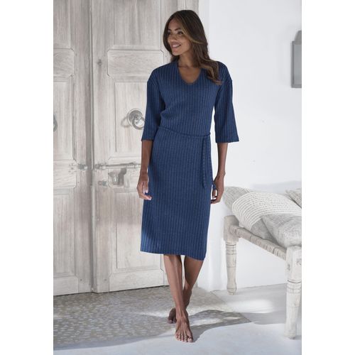 Strickkleid LASCANA, Damen, Gr. 32/34, N-Gr, blau (blau, melange), Rippware, Obermaterial: 56% Polyester, 41% Viskose, 3% Elasthan, unifarben, meliert, modisch, figurumspielend kniebedeckend, V-Ausschnitt, Halbarm, Kleider, Lounge-/ Rippkleid mit weiten Ärmeln und Taillenband, Loungewear