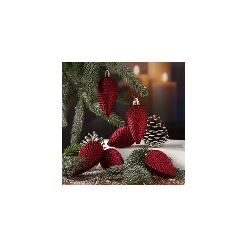 Christbaumschmuck ZAPFEN - Weihnachtsbaumschmuck - bruchfest - glitzernd - H:8cm - weinrot - 6er Set