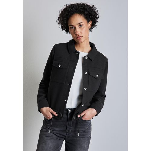 Kurzjacke STREET ONE, Damen, Gr. 44, schwarz, Stoff, 90% Polyester, 10% Viskose, unifarben, casual, gerade normal, V-Ausschnitt, Langarm Bündchen, Jacken, mit Tunnelzug am Saum