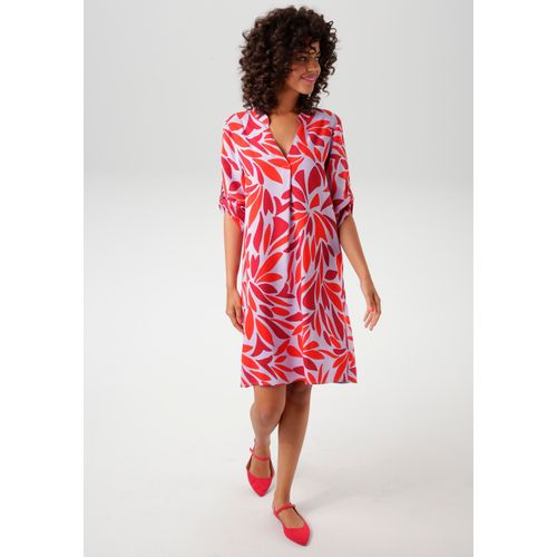 Blusenkleid ANISTON CASUAL, Damen, Gr. 44, N-Gr, flieder, dunkelrot, orangeot, Web, Obermaterial: 100% Viskose, bedruckt, gemustert, casual, figurumspielend kniefrei, V-Ausschnitt, 3/4-Ärmel Krempelärmel, Kleider, mit farbharmonischen, grafischen Blätterdruck - NEUE KOLLEKTION