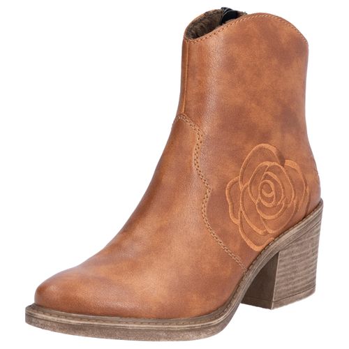 Westernstiefelette RIEKER, Damen, Gr. 36, braun (zimt), Lederimitat, modisch, Schuhe Cowboyboots Cowboy-Stiefelette Stiefelette, Cowboyboots, Stiefelette, Blockabsatz, mit Blumenstickerei seitlich