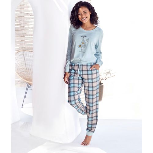 Pyjama VIVANCE DREAMS, Damen, Gr. 36/38, blau (hellblau), Obermaterial: 100% Baumwolle, Basic, Rundhals, Langarm Rippbündchen, Homewear-Sets, mit Frontdruck