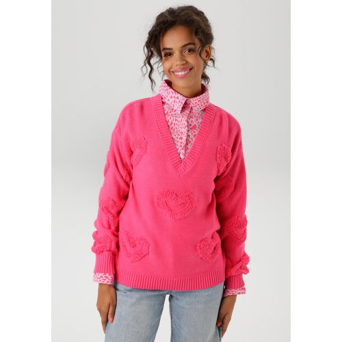 Strickpullover ANISTON CASUAL, Damen, Gr. 38, pink, Strick, Obermaterial: 50% Baumwolle, 50% Polyacryl, unifarben, Strukturmuster, modisch, lässig geschnitten hüftbedeckend, V-Ausschnitt, Langarm Rippstrickbündchen, Pullover V-Pullover, mit 3D-Effekt durch eingestrickte Herzen - NEUE KOLLEKTION