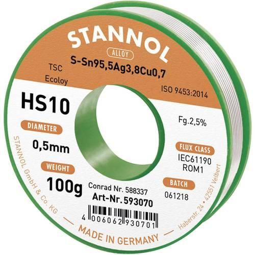 Stannol HS10 2510 Lötzinn, bleifrei Spule Sn95,5Ag3,8Cu0,7 ROM1 100 g 0.5 mm