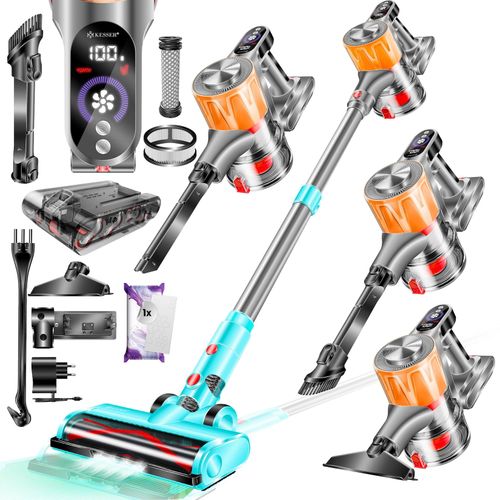 KESSER® Akku Staubsauger kabellos bis 60 Min. Laufzeit & Leise Akku Staubsauger mit LED Display Stabstaubsauger beutellos mit Anti-Tangle-Bodenbürste für Hartböden Teppich Tierhaare